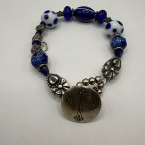 Vintage Blue Silver Tone White Glass Metal Bracelet with Cross Pendant Rare
